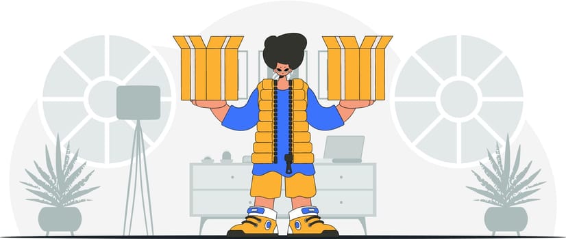 Charming man holding boxes. A graphic representation of the dispatch of consignments and cargo