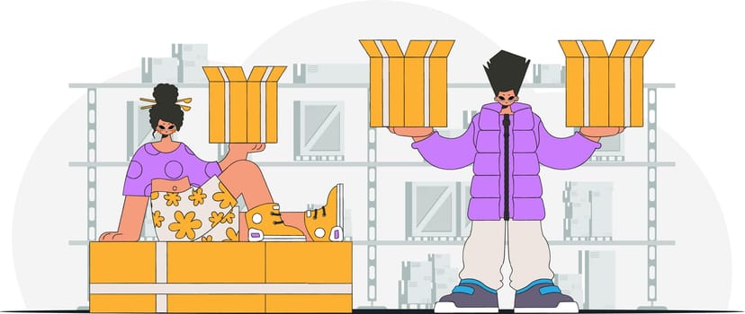 A woman and a man are holding boxes. Parcel delivery team. A visual representation of the shipment of deliveries and freight