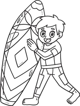 Boy Holding Surf Board Isolated Coloring Page