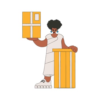 Charming girl holding boxes in her hands. Understanding the process of parcel and cargo delivery.