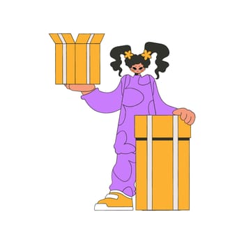 Charming girl is holding boxes. Understanding the process of parcel and cargo delivery.