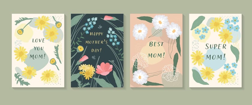 Set of four cute and colorful vector illustrations with lettering for mothers day.