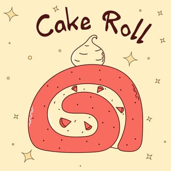 Traditional Japanese food. Asian cake roll with strawberry. Vector illistration