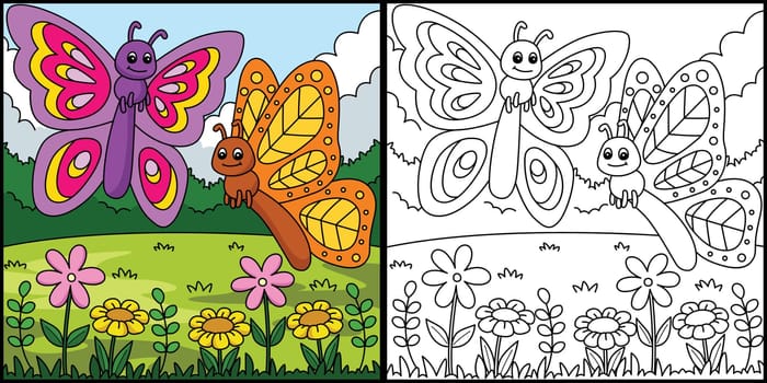Spring Two Butterflies Coloring Page Illustration