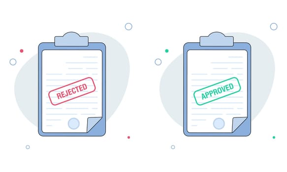 Paper document with approved or rejected stamp. Business concept. Vector illustration in flat design