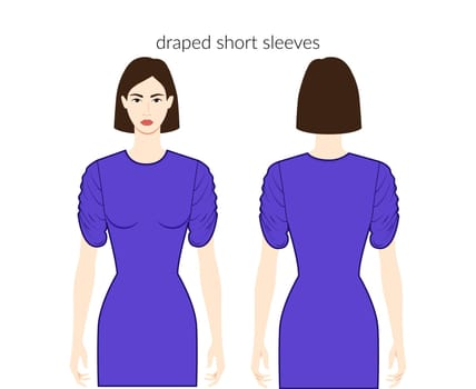 Draped sleeves short length clothes character beautiful lady in blue top, shirt, dress technical fashion illustration
