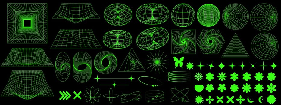 3d wireframe geometric shapes. Cyberpunk elements in retro futuristic Y2K style.