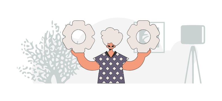 Fashionable guy holding gears. Illustration on the theme of the appearance of an idea.