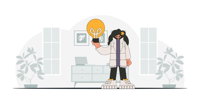 Gorgeous girl holds a light bulb in her hands. Illustration on the theme of the appearance of an idea.