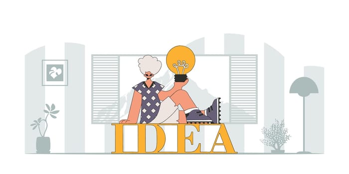 A sophisticated guy holds a light bulb in his hands. Illustration on the theme of the appearance of an idea.