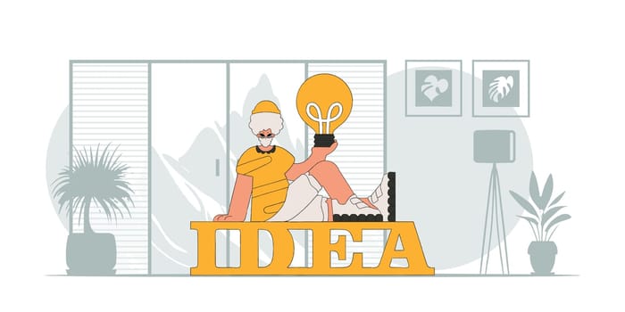 Presentable guy holding a light bulb. Illustration on the theme of the appearance of an idea.