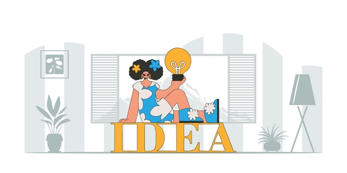 A presentable girl is holding a light bulb. Illustration on the theme of the appearance of an idea.