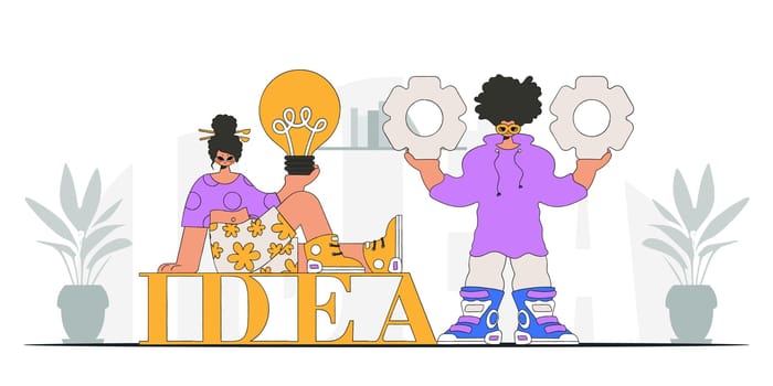 Gorgeous guy and girl solves problems and generates ideas. Light bulb and gears in their hands. Illustration on the theme of the appearance of an idea.