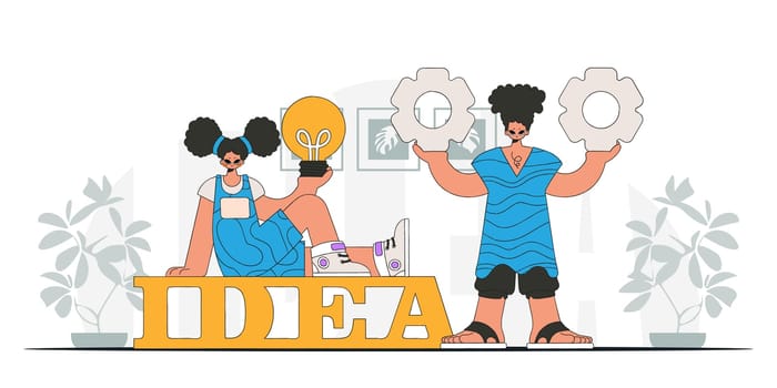 A chic team solves problems and generates ideas. Light bulb and gears in their hands. Idea concept. trendy character.