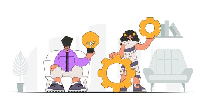 Attractive team solves problems and generates ideas. Light bulb and gears in their hands. Illustration on the theme of the appearance of an idea.