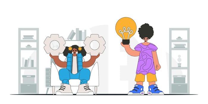 An elegant team solves problems and generates ideas. Light bulb and gears in their hands. Illustration on the theme of the appearance of an idea.