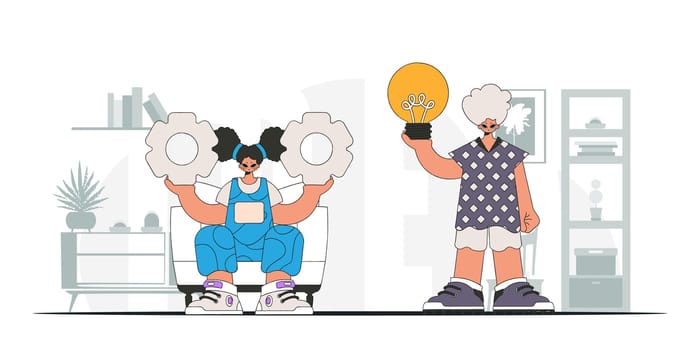 Fashionable guy and girl generates ideas and solves problems. Light bulb and gears in their hands. Illustration on the theme of the appearance of an idea.