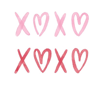Xoxo watercolor Romantic phrase with sketch heart. Ink lettering design. Grunge brush calligraphy.