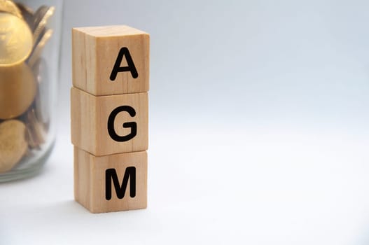 AGM text on wooden blocks with white cover background. Meeting concept.