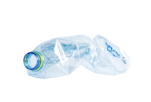 Plastic water bottle with empty crumpled used isolated on white background with clipping path, reuse, recycle, pollution, environment, ecology, global warming concept. 