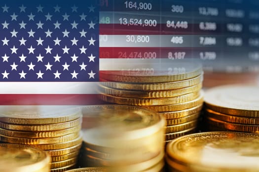 USA America flag with stock market finance, economy trend graph digital technology.