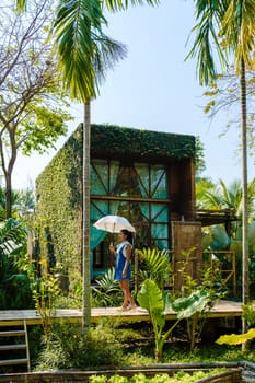 wooden cottage surrounded by palm trees and a vegetable garden in the countryside. cabin rainforest