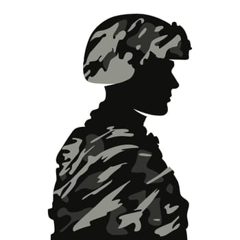 black silhouette of an american soldier in profile. camouflage coloring of the uniform.