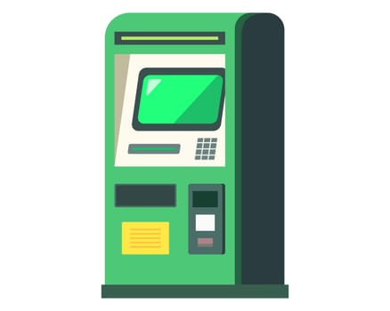 green ATM with cash withdrawal screen.