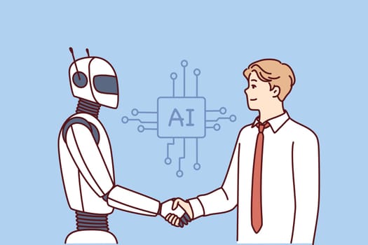 Man shakes hands with robot as sign of friendship between humans and artificial intelligence AI