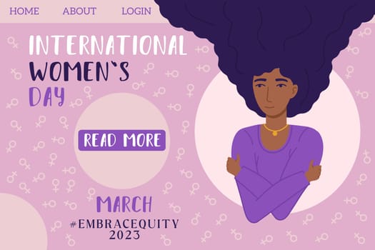 Embrace equity black woman embrace yourself 2023 purple web page landing template.. International womens day concept, self love, self care.
