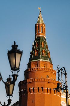 The tall Red Tower of the Kremlin in Moscow, Russia