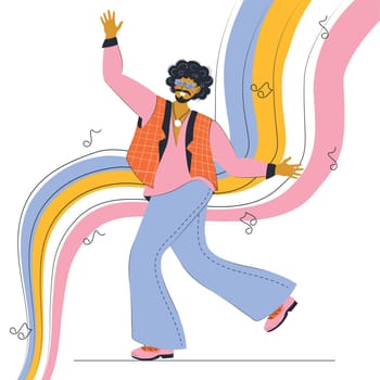 Young afro american hippie man in a vest and bell-bottoms dances against the backdrop of rainbow wave melody