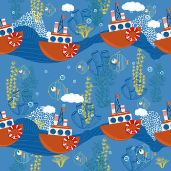 seamless pattern cute childish. seamless background with boats. For fashion fabrics, baby clothes, t-shirts, cards, templates and scrapbooking. Children's drawing style. Sea life pattern. blue color