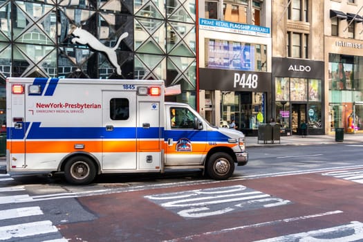 New York City, United States - September 18, 2022. Ambulance on the streets of New York in a hurry