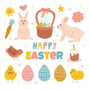 Cute Easter set, bunnies, Easter eggs, cake and chickens. Vector flat hand drawn illustration. Holiday decor