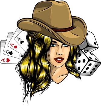 Beauty woman holding cards. Casino vector flat cartoon