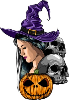 vector illustration Halloween with witch skull and pumpkin