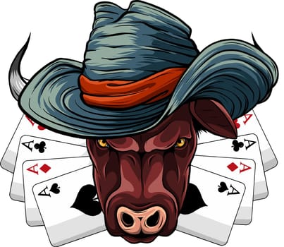 Bull mascot, with hat and poker ace