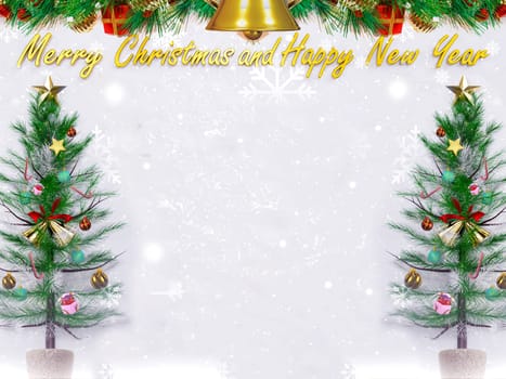 Christmas background 3D rendering. Top view of Christmas tree with spruce branches, pine cones on snow white background.