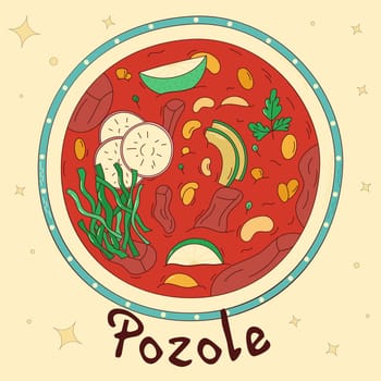 Mexican traditional food. Pozole. Vector illustration in hand drawn style