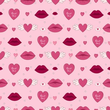 Valentine's Day Hand drawn seamless pattern. Hearts and lips