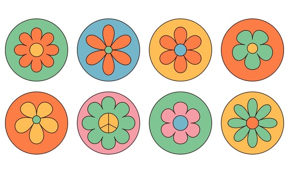 Groovy hippie flower stickers. Sticker pack of flowers in trendy retro 60s 70s cartoon style.