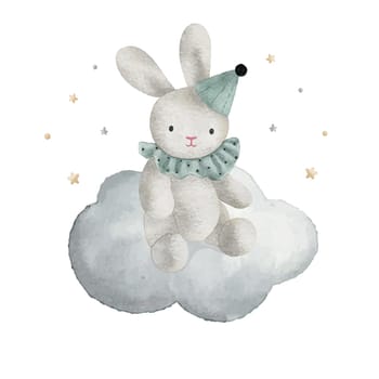 Cute bunny on the cloud with little stars, watercolor vector illustration.