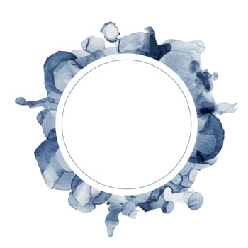Vector round frame with abstract blue watercolor stains on white background in pastel colors.