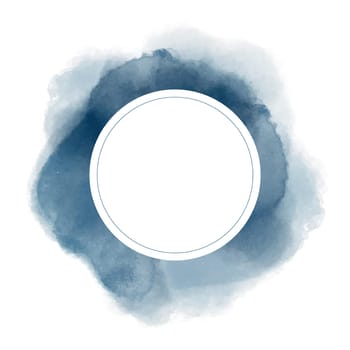 Vector round frame with abstract blue watercolor stains on white background in pastel colors.