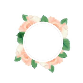 Vector round frame with watercolor rose flowers on white background in pastel colors.