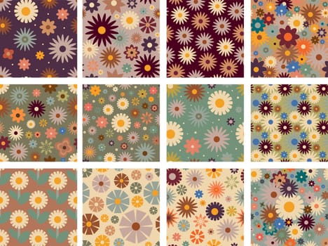 Collection of retro floral patterns in retro style. Vector illustration