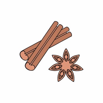 Sticks and a cinnamon star isolated on a white background. Vector illustration in Doodle style. Spices for baking and coffee.