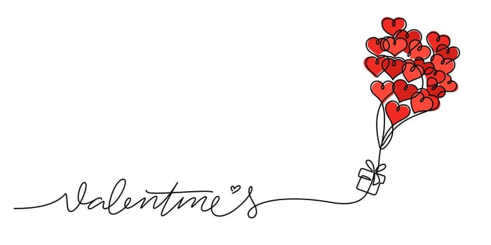 valentine's day celebration continuous line drawing background. Heart balloon and gift box on the way of delivery sending vector illustration