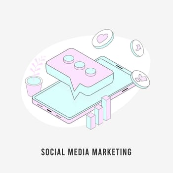 SMM marketing illustration an isometric outline flat design. Showcasing social media promotion, comment and like, cross-posting, digital marketing, and post sharing.